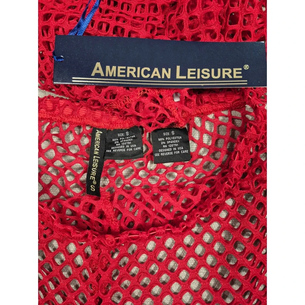 American Leisure Women's Red Mesh Two Piece Set Crop Top Shorts Size S NWT